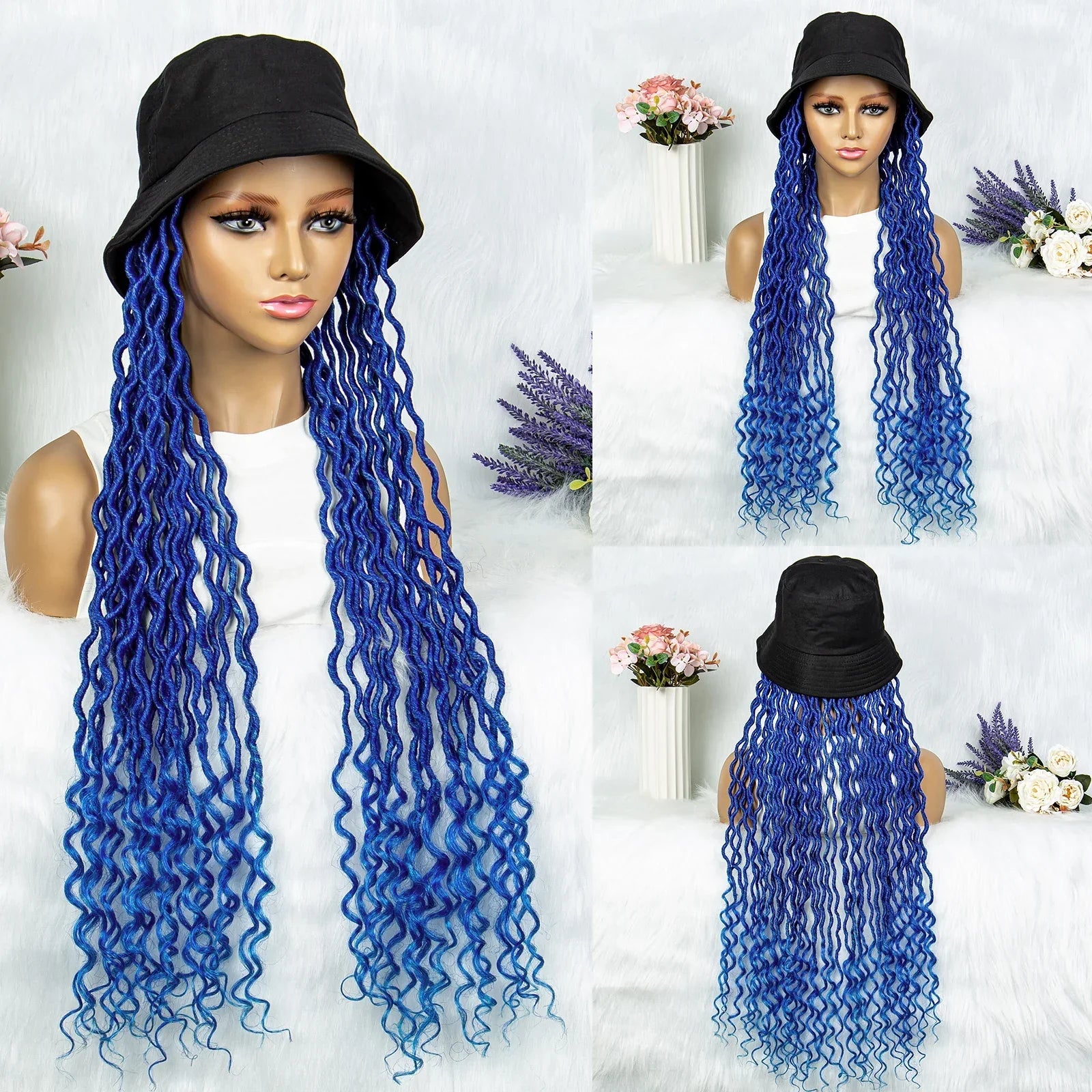 30" Crochet Afro Dreadlocks Bucket Hat Wig | Synthetic Braided Hair | Curly Ends | Black Women