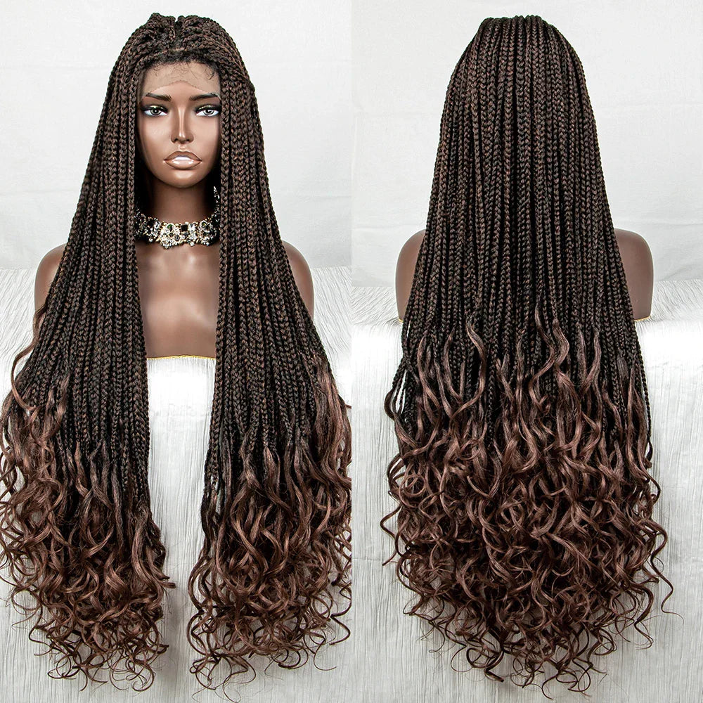 36" Water Wave Braided Wig | Lace Front | Baby Hair | Long Braids