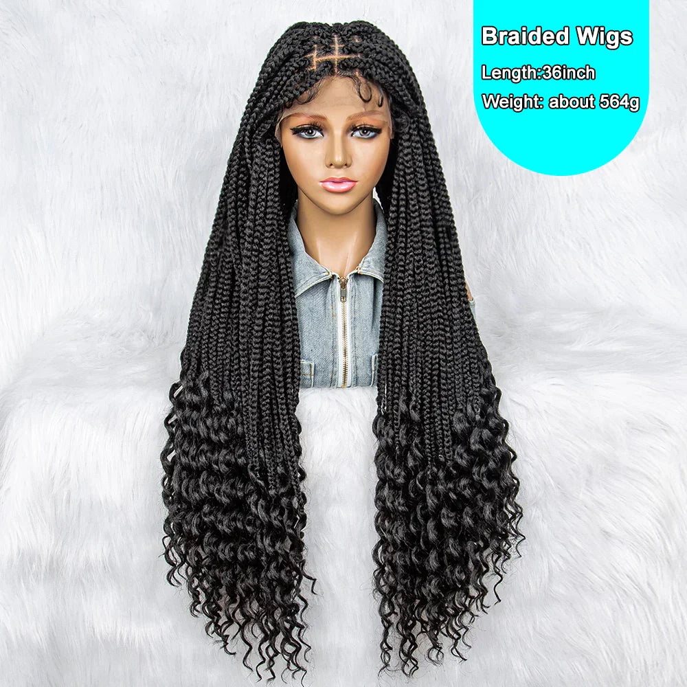 36" Knotless Cornrow Braids Wig | Lace Front with Curly Ends & Baby Hair