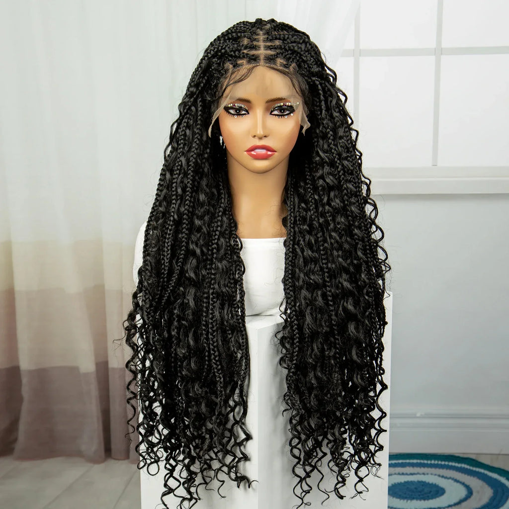 36" Knotless Box Braids Wig | Bohemian Style | Curly Ends | Lace Front | With Baby Hair | For Black Women