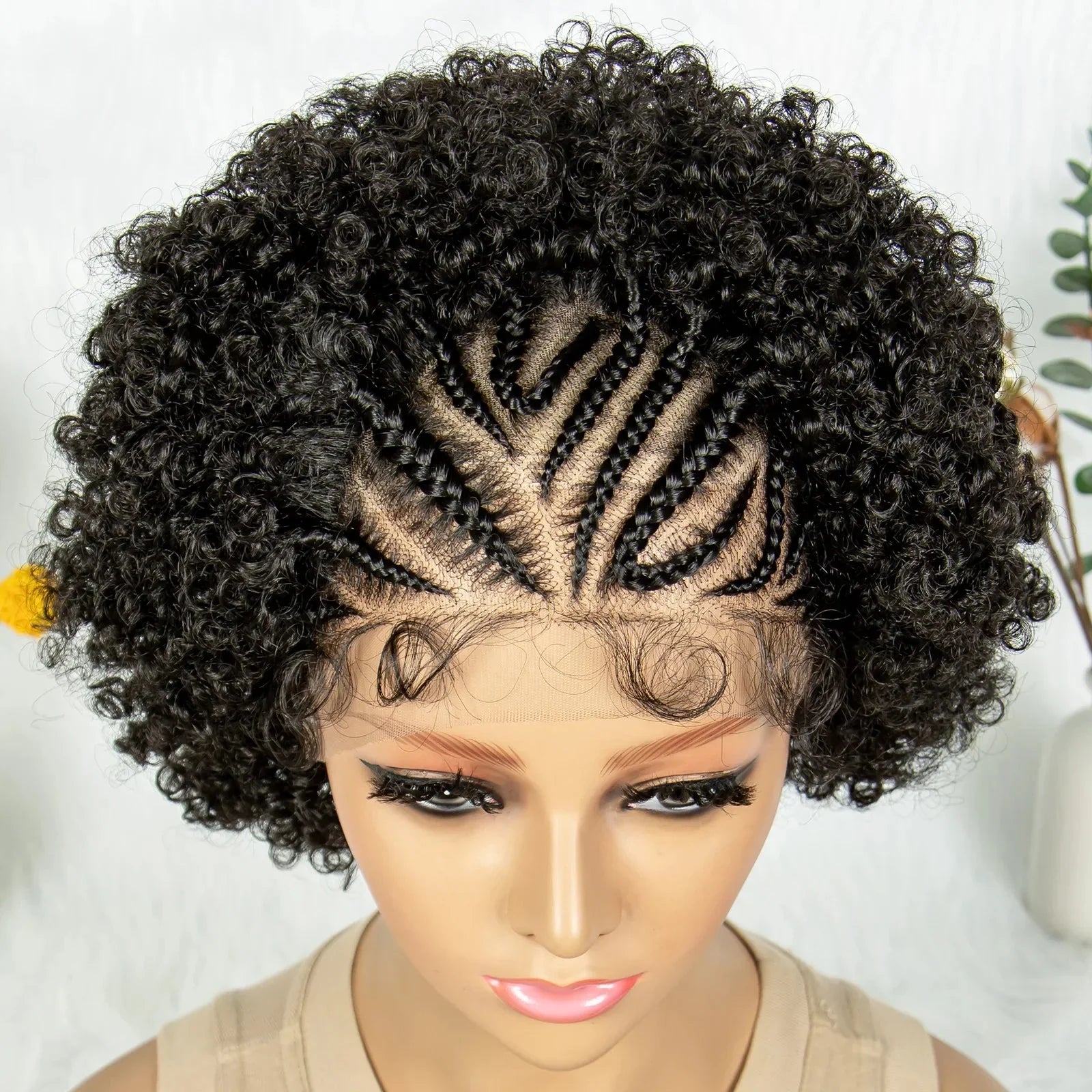 8" Afro Kinky Curly Bob Braided Wig | 13x4 Lace Frontal | Half Cornrows | Synthetic Braids for Black Women