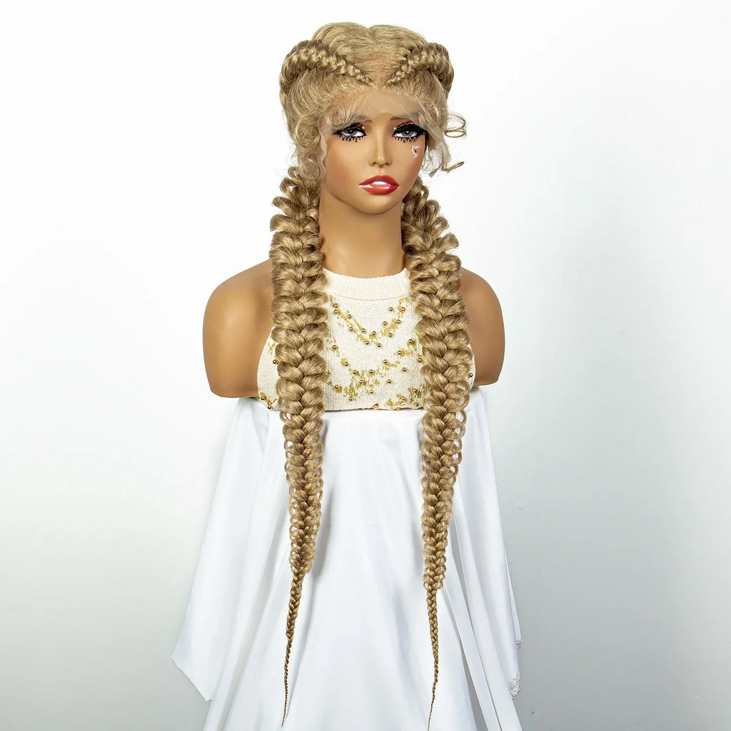 1B/30 Dark Brown Dutch Box Braids Wig | Synthetic Lace Frontal | Fishtail Braids | With Baby Hair | For Black Women