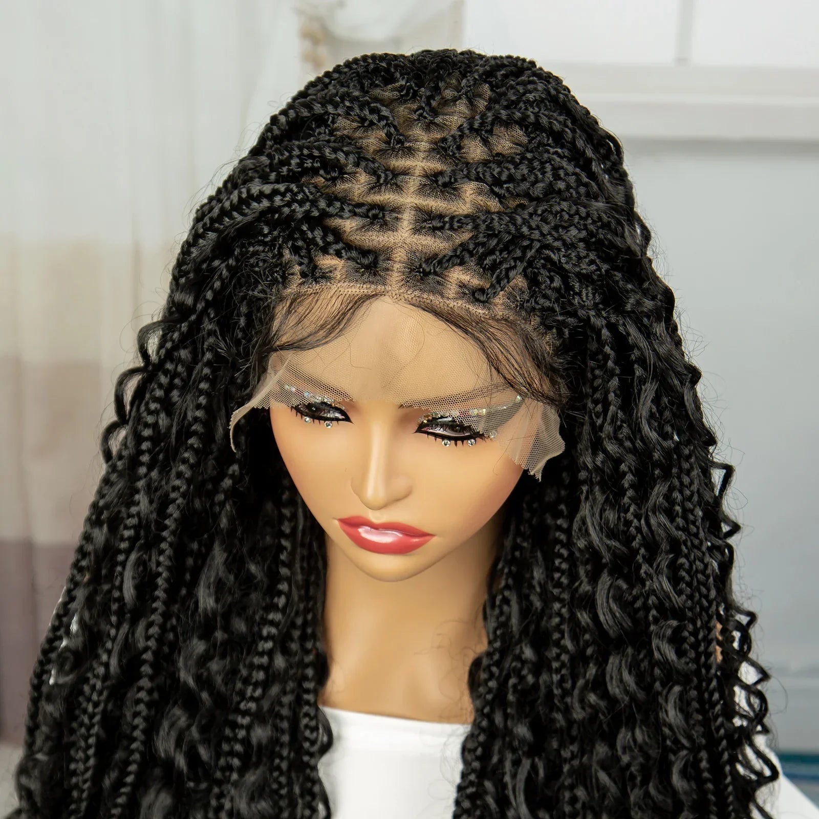 36" Knotless Box Braids Wig | Bohemian Style | Curly Ends | Lace Front | With Baby Hair | For Black Women