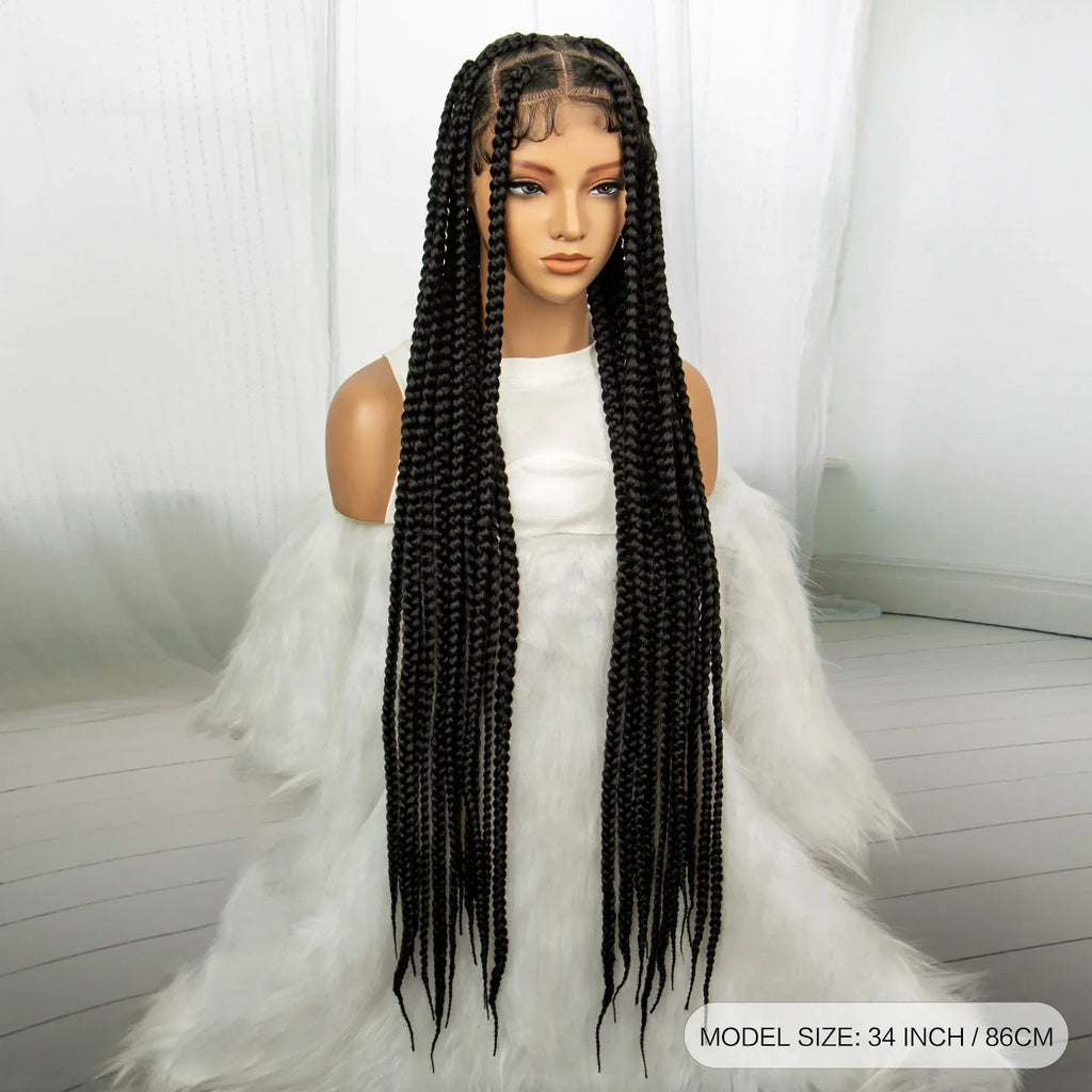 34" Knotless Box Braids Full Lace Wig | Transparent Lace | Long Black Synthetic Braids | Black Women