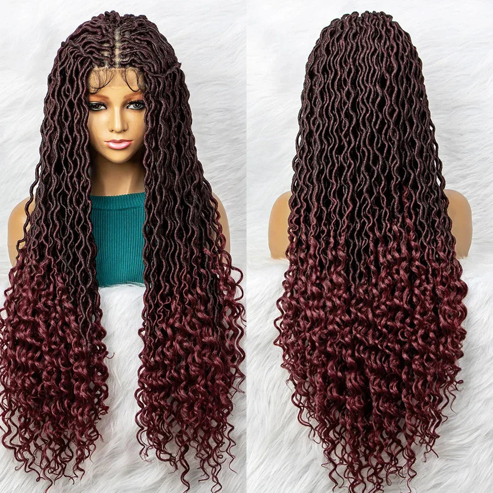 32" Burgundy Curly Dreadlocks Braided Wig | Lace Front with Baby Hair