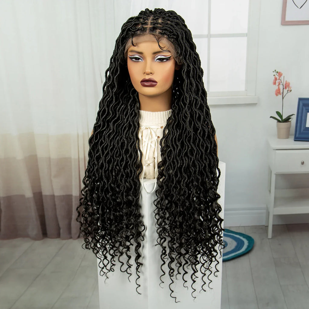 32" Water Wave Dreadlocks & Knotless Braids Wig | Lace Front | Baby Hair