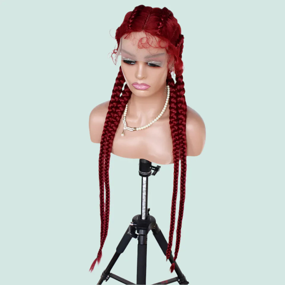 99J Burgundy Box Braids Wig | 360 Lace Braided Wig | 4 Braids | Synthetic Hair