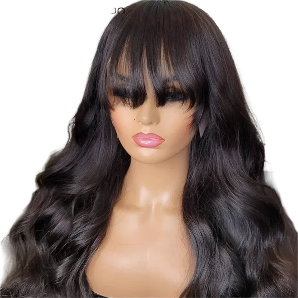 22" Body Wave Wig with Bangs | Full Machine Made Brazilian Virgin Remy Human Hair