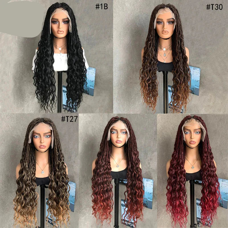 22" Curly End Box Braided Full Lace Front Wig | Goddess Locs | Bohemian Braids | Synthetic Wig