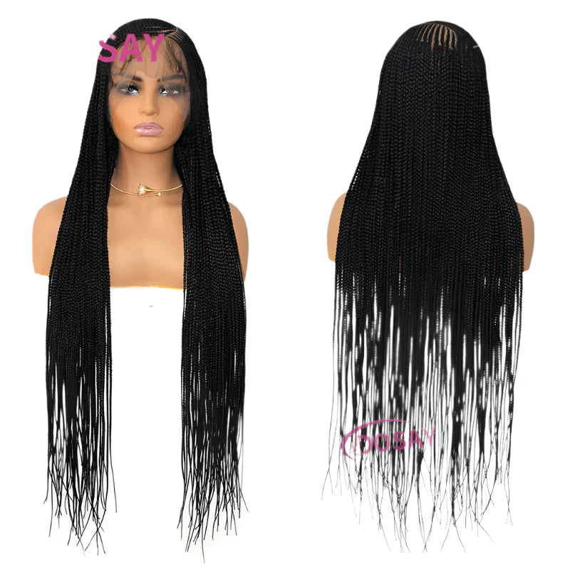 36" Full Lace Box Braids Wig - Double Braided - Synthetic - with Baby Hair - Medium Brown Lace