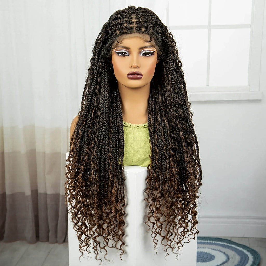 36" Knotless Box Braids Wig | Bohemian Style | Curly Ends | Lace Front | With Baby Hair | For Black Women