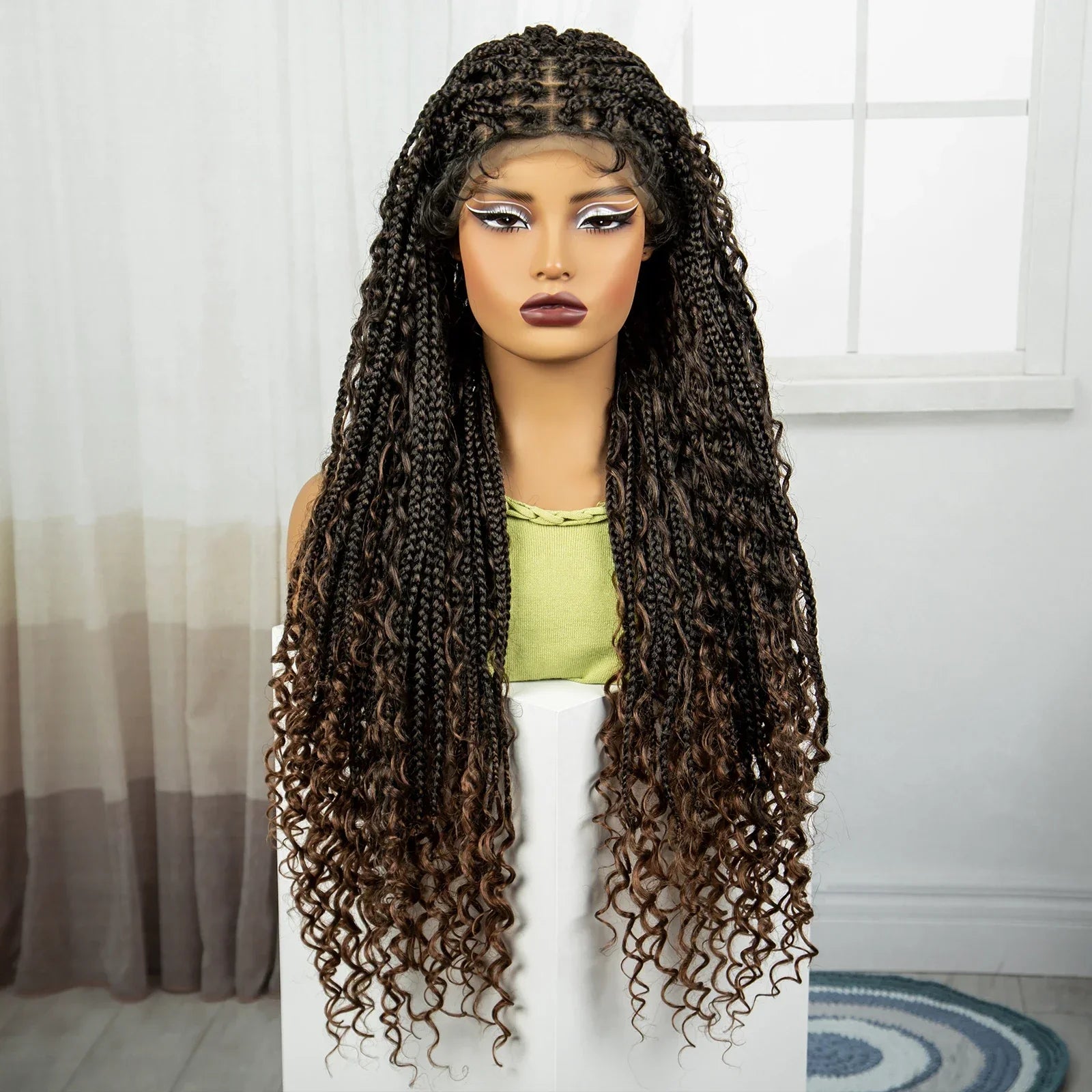 36" Knotless Box Braids Wig | Bohemian Style | Curly Ends | Lace Front | With Baby Hair | For Black Women