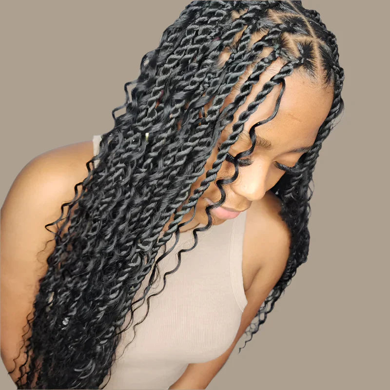 32" Bohemian Twist Braided Full Lace Wig | Curly Ends | Lightweight Synthetic Braids | Black Women