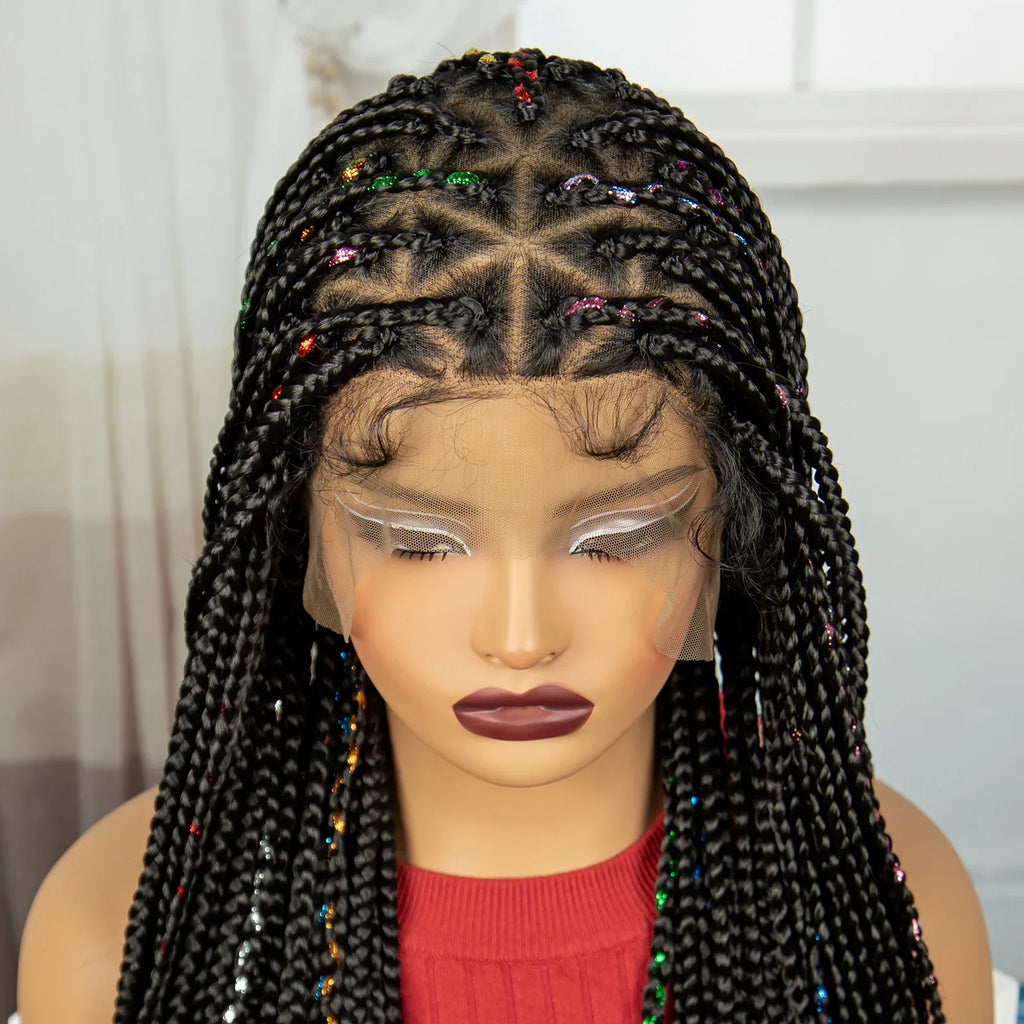 36" Knotless Box Braids Full Lace Wig | Colored Ribbons | Baby Hair | Long Synthetic Braids