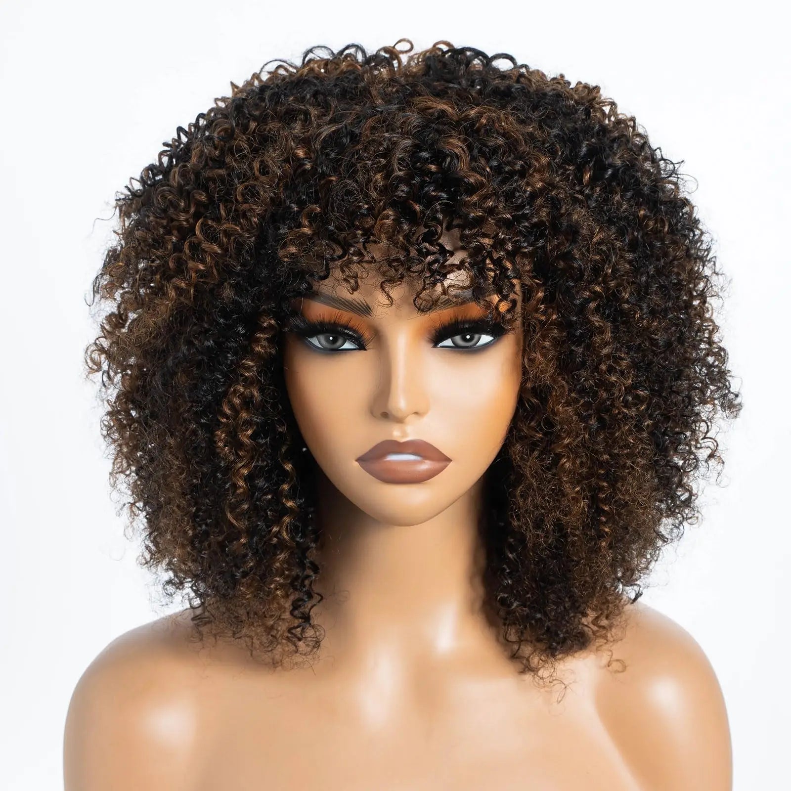 250% Density Blonde Highlight Sassy Curly Wig with Bangs | Glueless Brazilian Afro Kinky Remy Human Hair