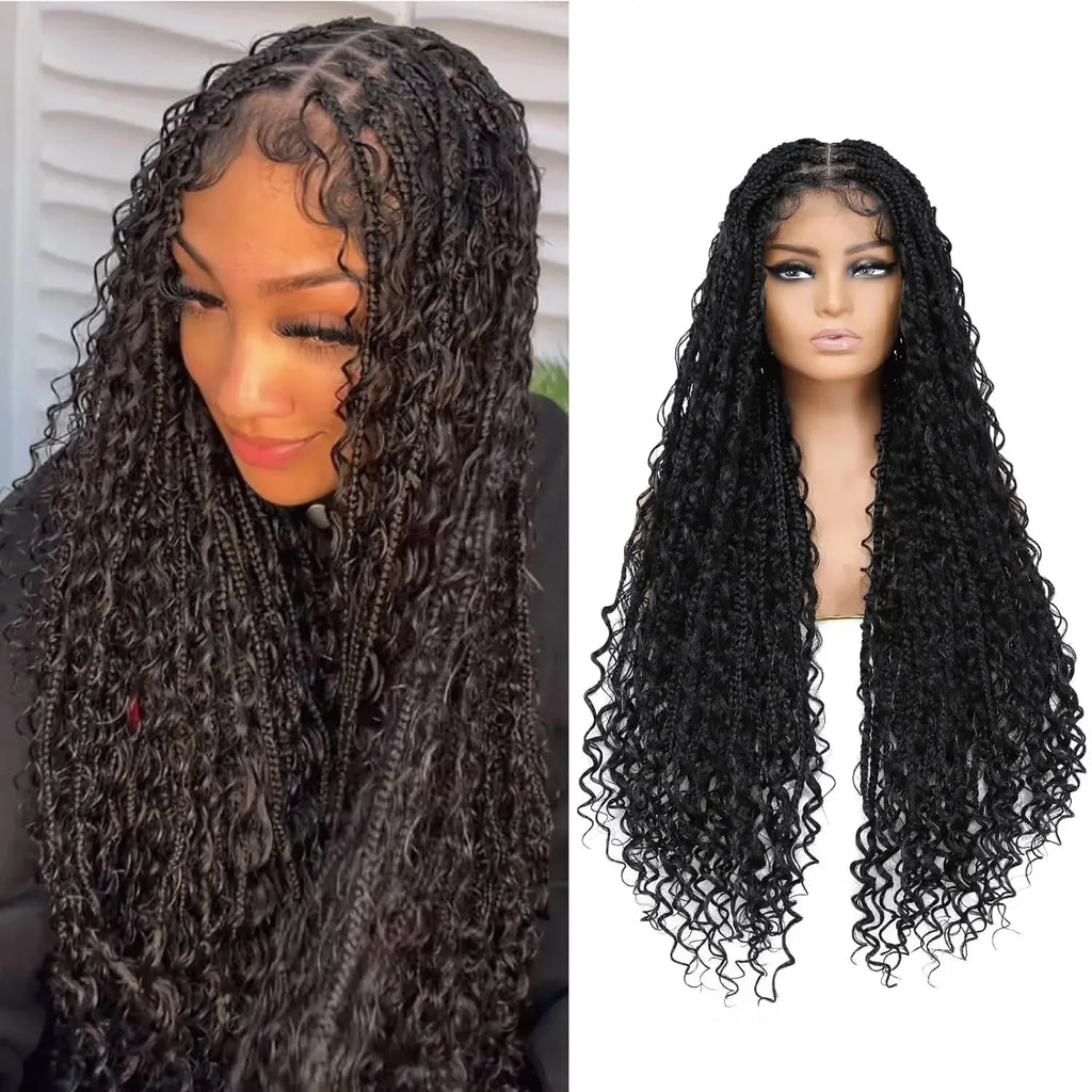 36" Knotless Box Braided Lace Front Wig | Baby Hair | Synthetic Braids for Black Women