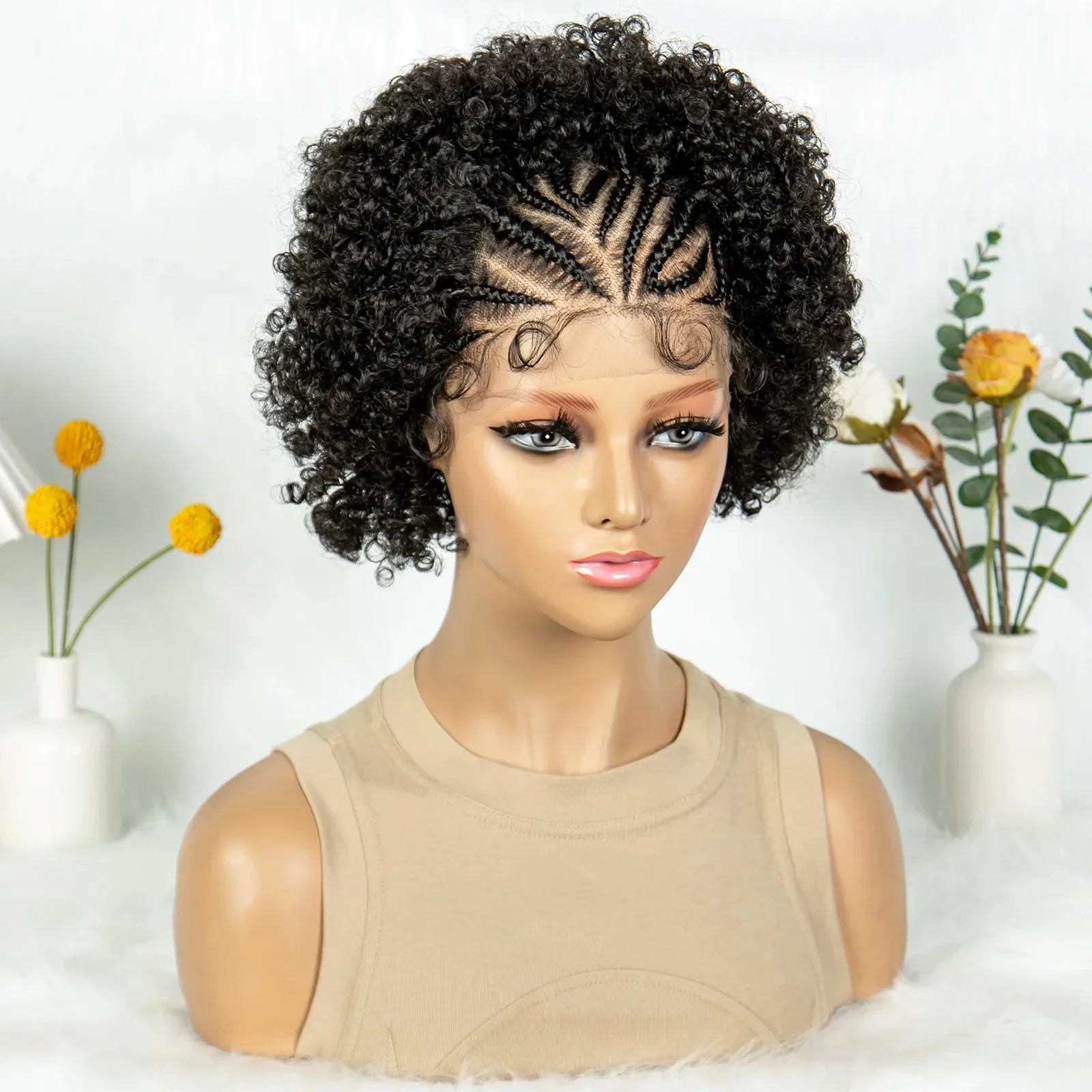 8" Afro Kinky Curly Bob Braided Wig | 13x4 Lace Frontal | Half Cornrows | Synthetic Braids for Black Women