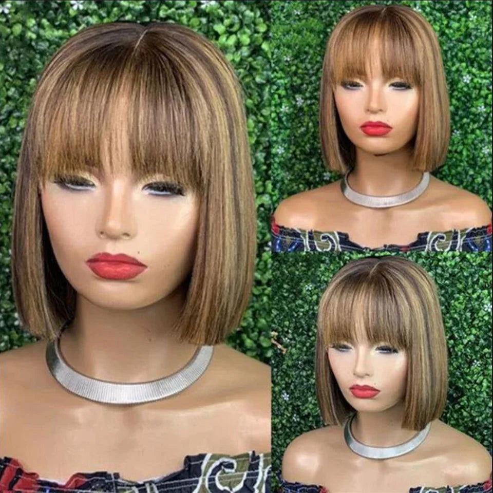 #27 Brown Straight Bob Wig with Bangs | Human Hair Lace Top & Realistic Scalp