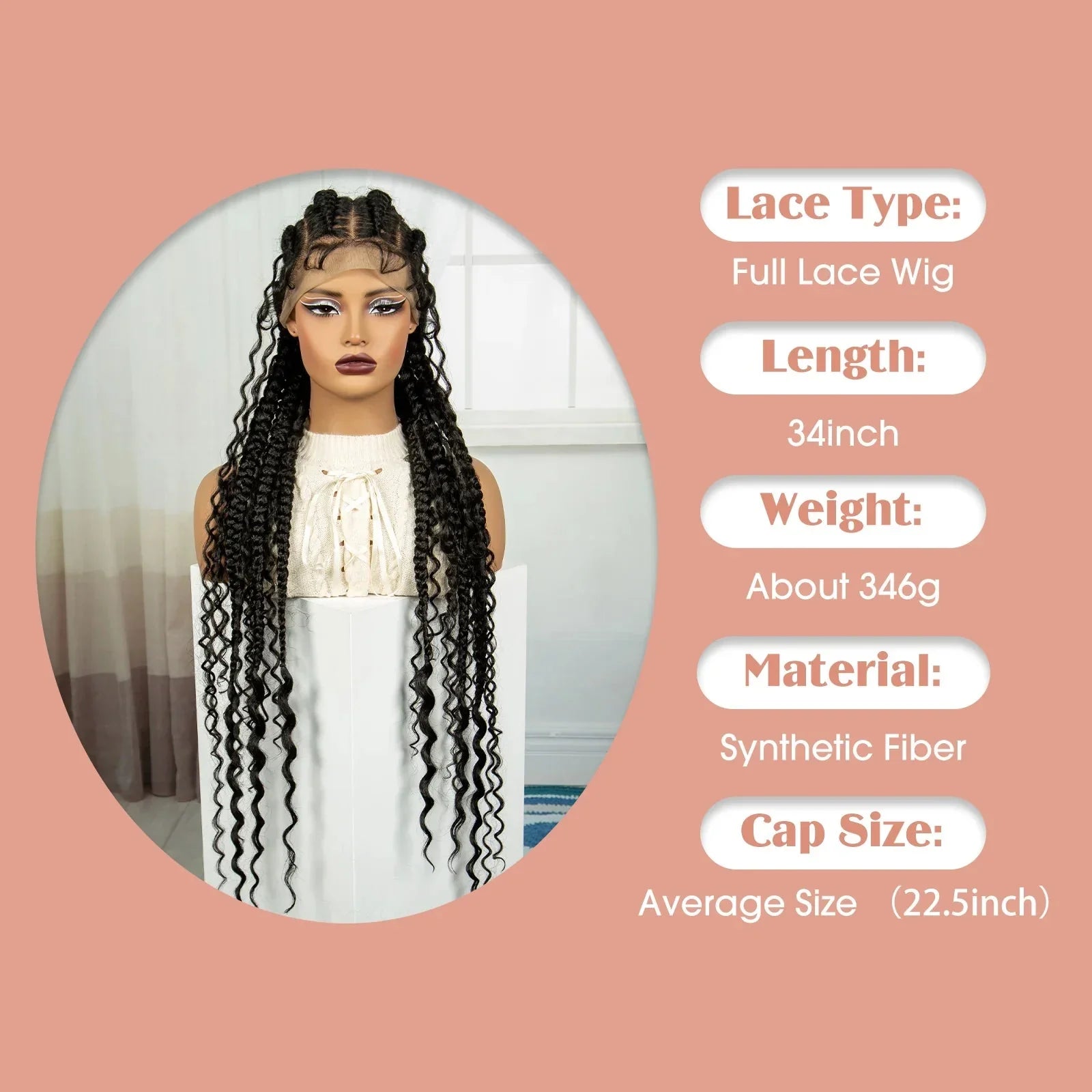 34" Twisted Cornrow Full Lace Braided Wig | Baby Hair | Synthetic Lace Front Braids | Black Women
