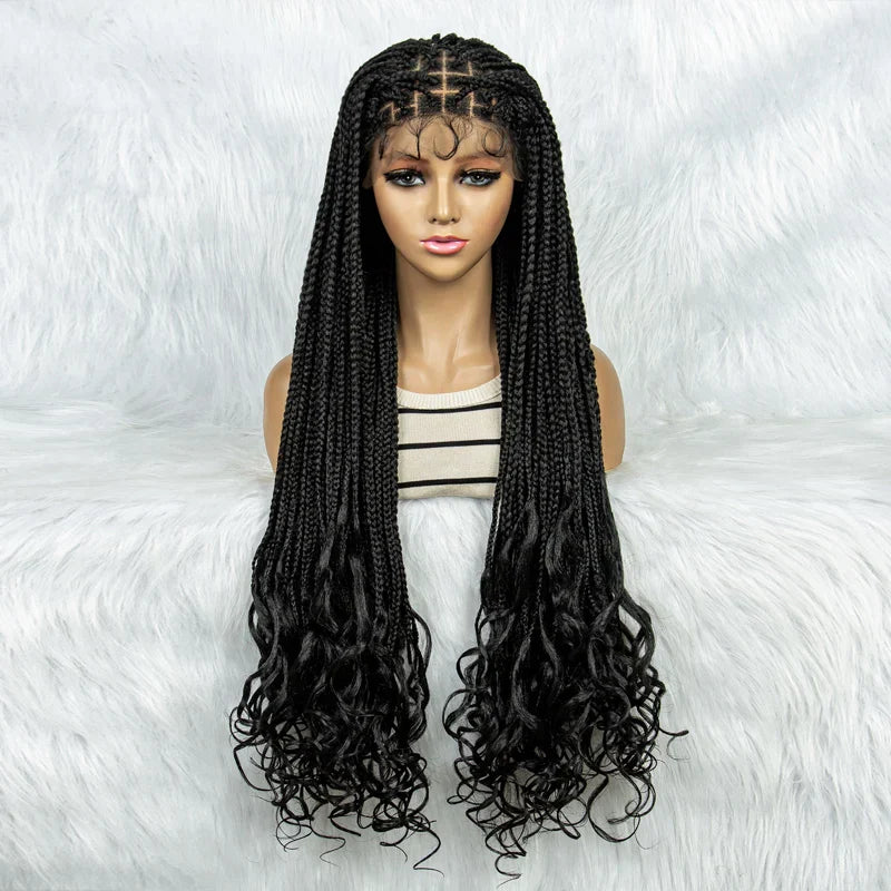 36" Knotless Braids Wig with Curly Ends | Lace Front | Synthetic Hair | Black Women