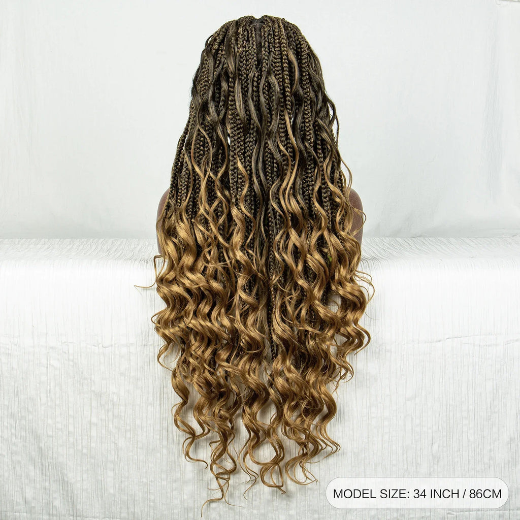 34" Ombre Curly Braids Wig | 1B/27 | Deep Wave | Full Lace | Baby Hair
