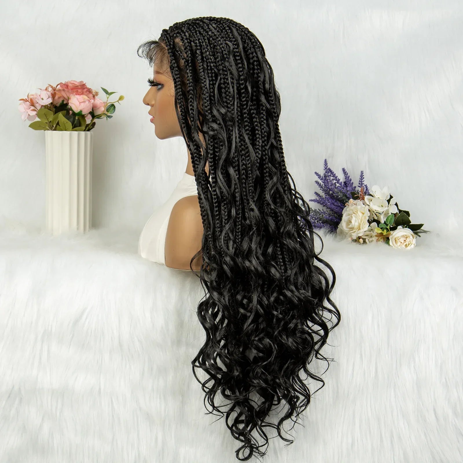 34" Full Lace Knotless Braided Wig with Baby Hair | Synthetic Lace Front Wig for Black Women | Long Braids