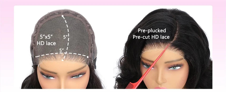 100% Indian Hair | Remy Wear and Go | Glueless | Human Hair | Pre Plucked | Pre Cut | Bouncy | Loose | Body Wave | Lace Front Wigs