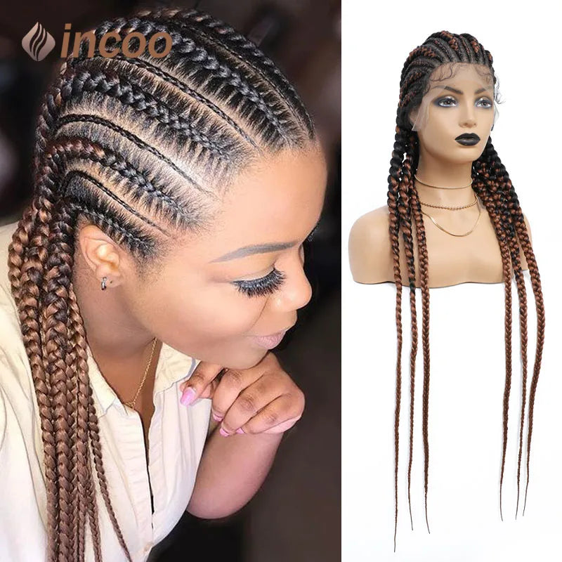 36" Cornrows & Faux Locs Braided Wig | Jumbo Box Braids | Full Lace | Synthetic Hair | Black Women
