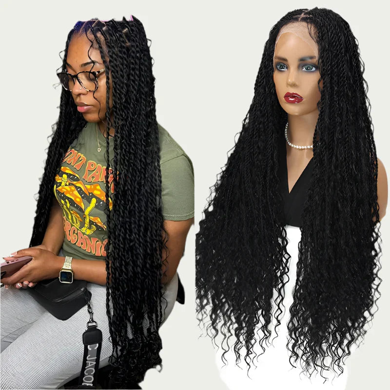 32" Bohemian Twist Braided Full Lace Wig | Curly Ends | Lightweight Synthetic Braids | Black Women