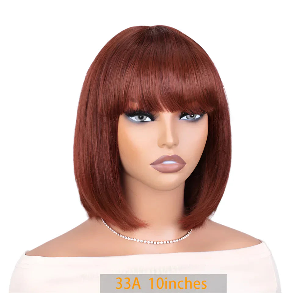 #27 Brown Straight Bob Wig with Bangs | Human Hair Lace Top & Realistic Scalp