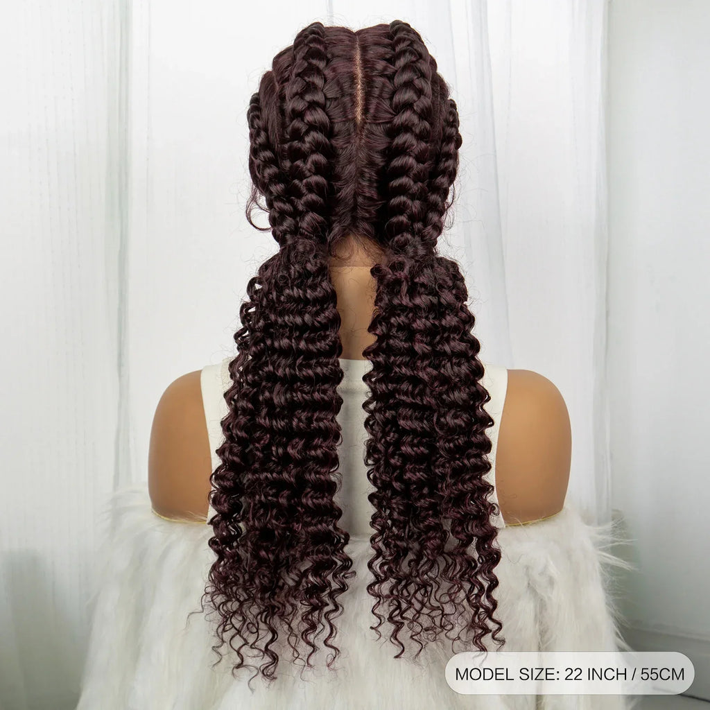 22" Box Braids Full Lace Wig | Two Curly Ponytails | Baby Hair | Synthetic Braided Wig