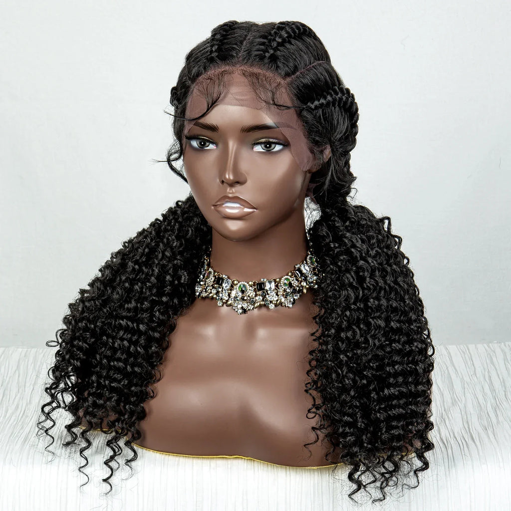 22" Box Braids Full Lace Wig | Two Curly Ponytails | Baby Hair | Synthetic Braided Wig