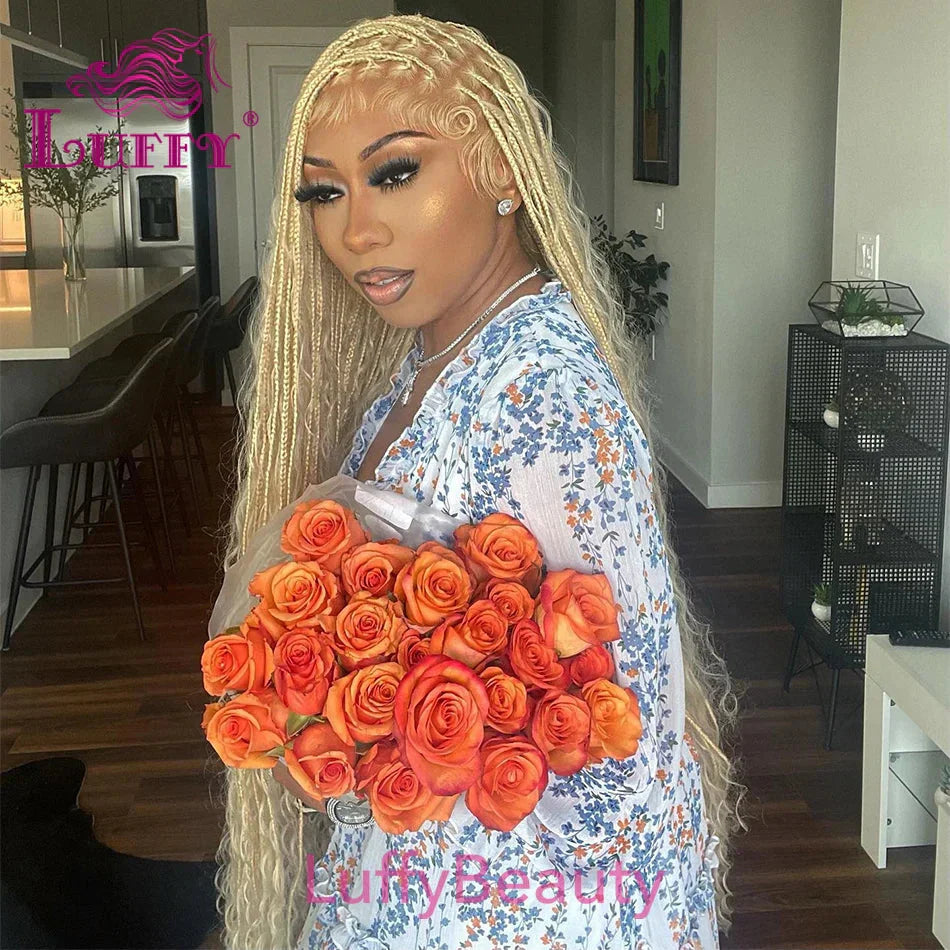 613 Blonde Boho Box Braids Wig | Human Hair | 300 Density | Full Lace | Curly Ends
