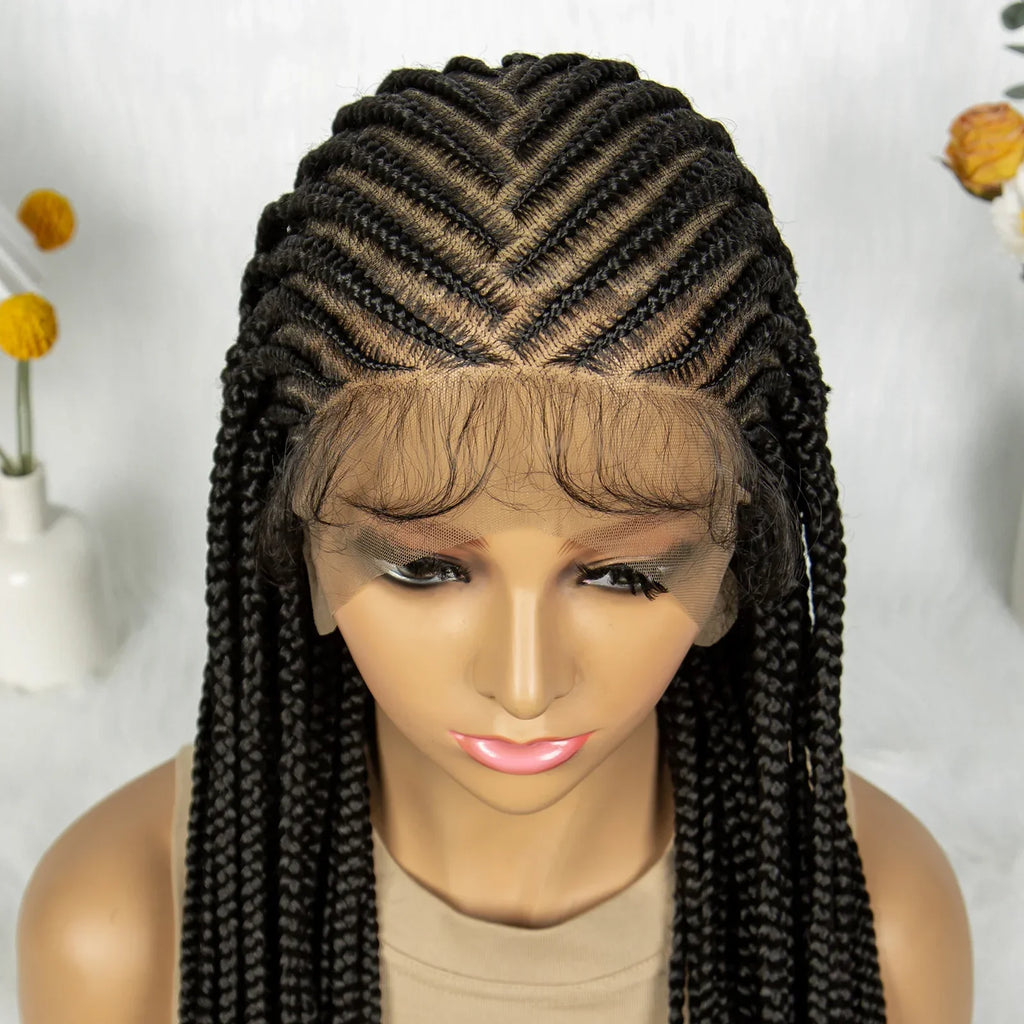 36" Cornrow Braided Full Lace Wig | Knotless Box Braids | Baby Hair | Synthetic Braiding Wig for Black Women