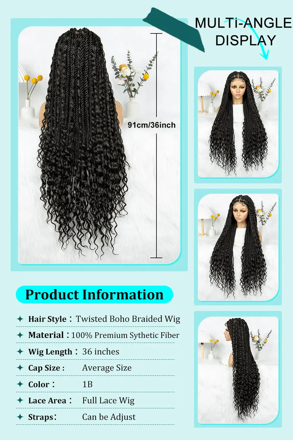 36" Long Island Twist Braided Wig - Knotless Synthetic Full Lace with Baby Hair