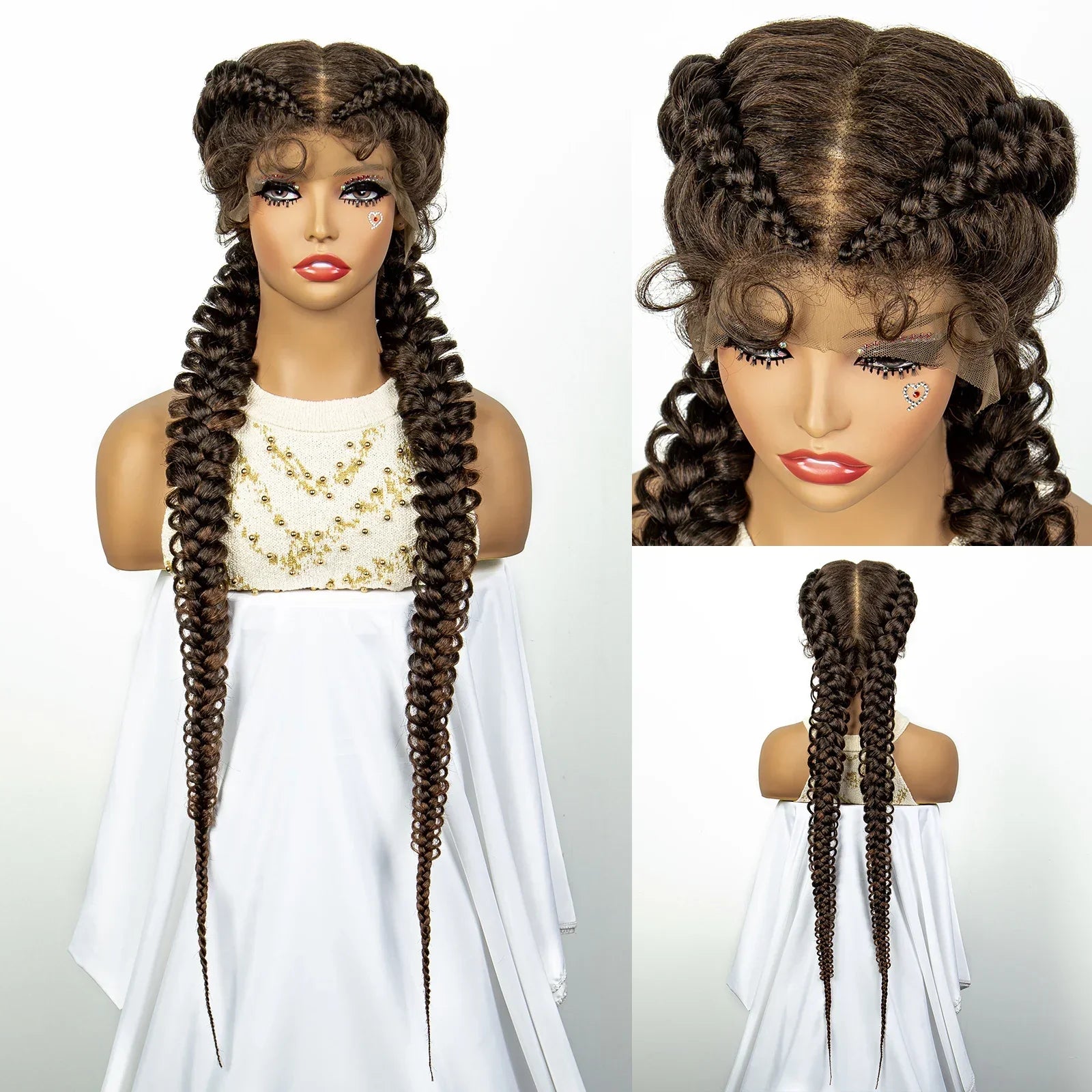 1B/30 Dark Brown Dutch Box Braids Wig | Synthetic Lace Frontal | Fishtail Braids | With Baby Hair | For Black Women