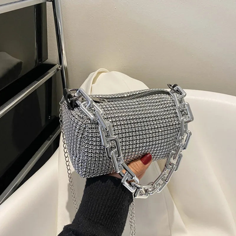 Allover Rhinestone Bucket Bag | Glitter Chain Prom Purse & Women's Mini Crossbody Bag (Sparkling Evening Handbag)