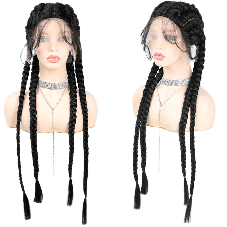 32" Hand-Made Knotless Box Braided Lace Front Wig | French Braid | Baby Hair | Glueless Synthetic Wig