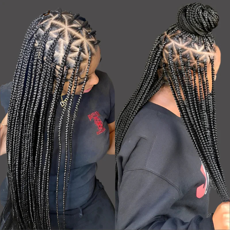 26" Triangle Box Braids Wig | Cornrow Accents | Knotless Braids | Lace Frontal | Synthetic Hair | Black Women
