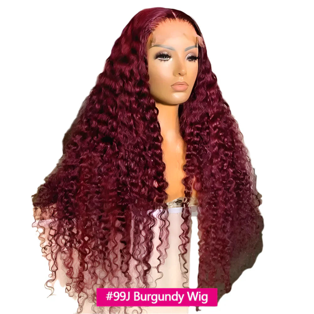 30" Curly Burgundy & Chocolate Brown 13x6 HD Lace Frontal Wig | 99J Colored Human Hair Wig for Women | Deep Wave