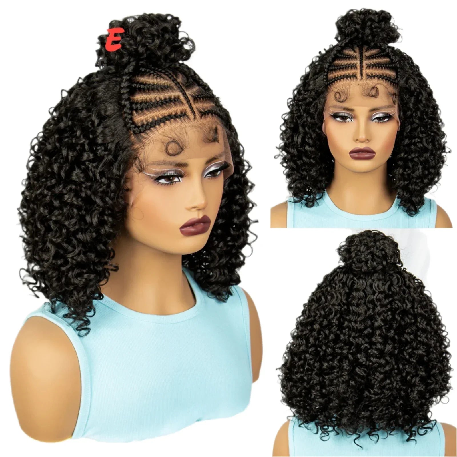 16" Cornrow Braids Wig with Afro Kinky Curly Ends | Knotless Lace Front | Baby Hair