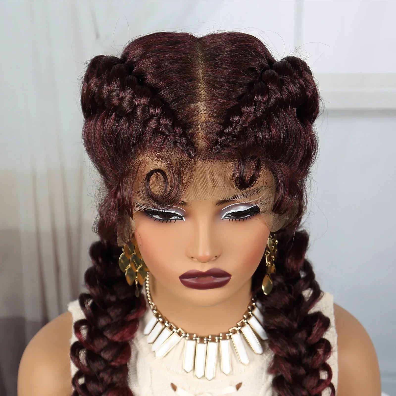 36" Burgundy Twist Cornrow Braids Wig | 99J | Lace Frontal | Baby Hair