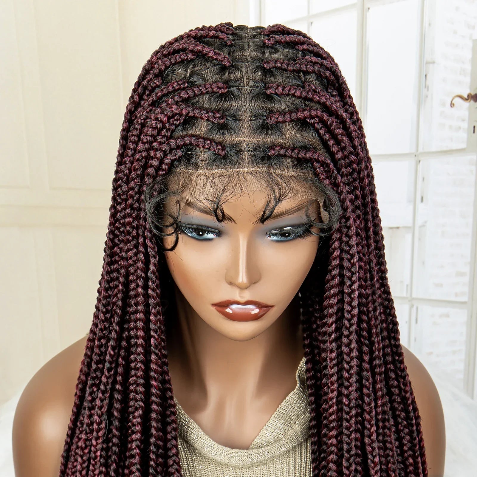 36" Long Knotless Braided Wig - Full Lace, Cornrow Accents, Baby Hair - For Black Women