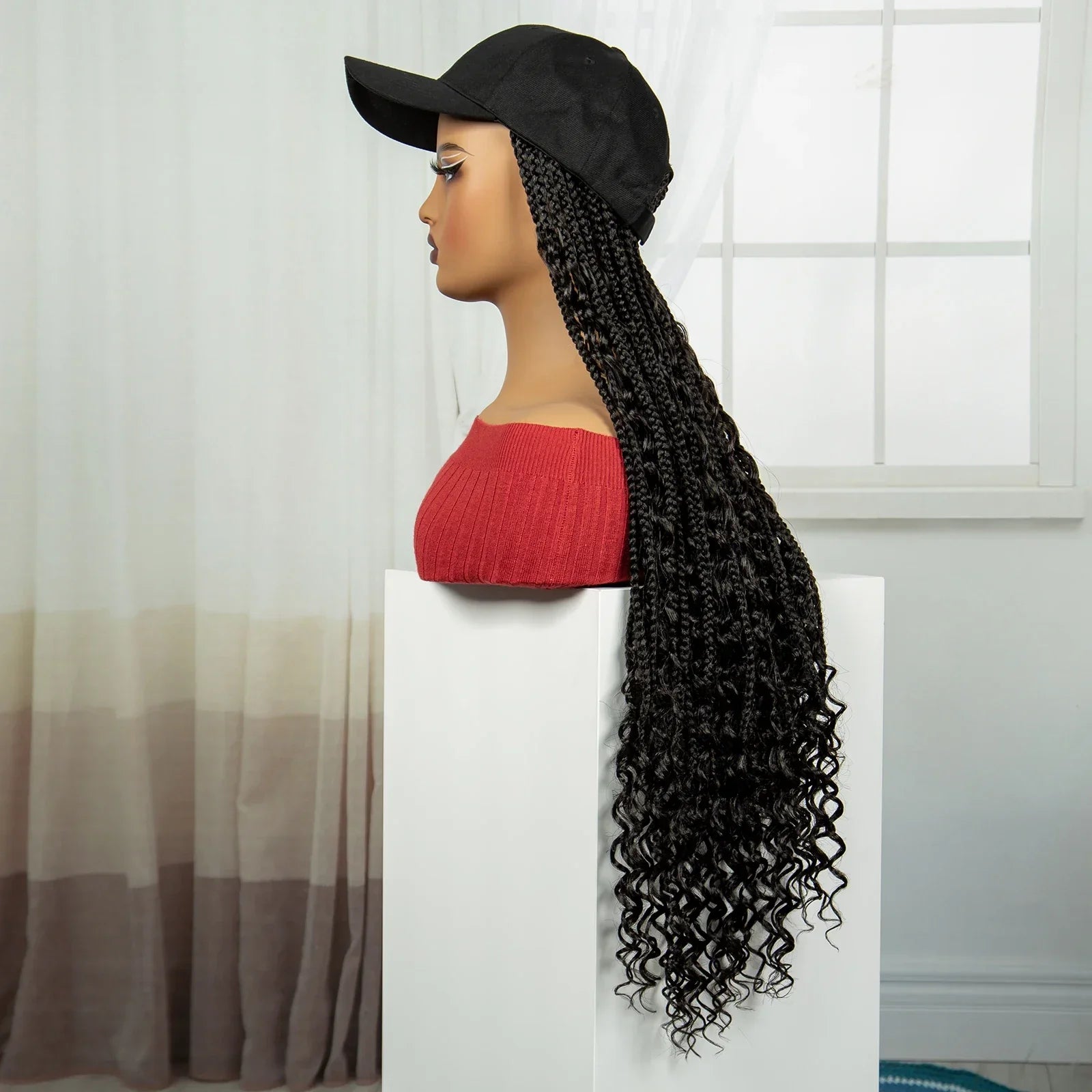 28" Curly Knotless Box Braids Hat Wig | Synthetic Baseball Cap Wig