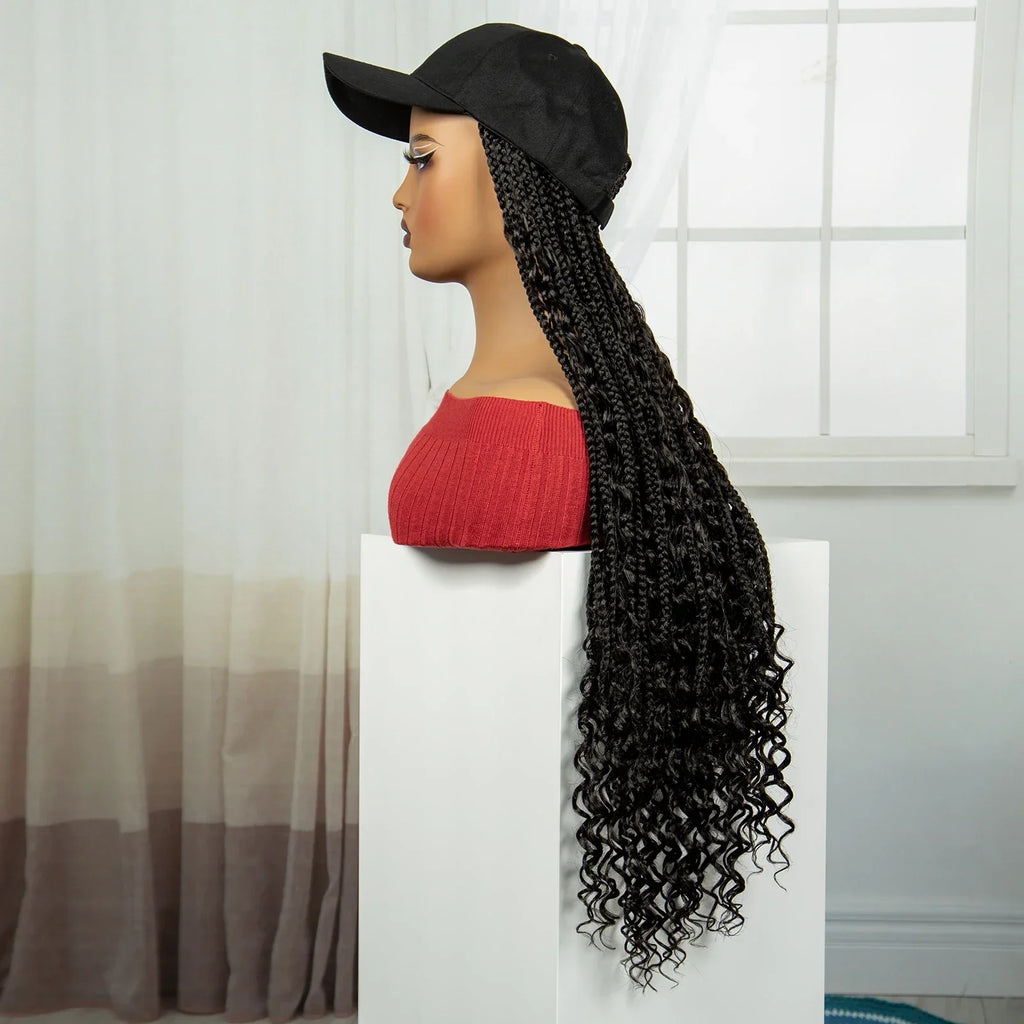 28" Curly Knotless Box Braids Hat Wig | Synthetic Baseball Cap Wig