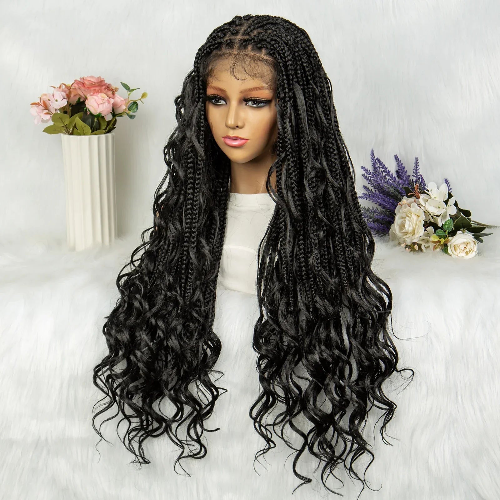 34" Full Lace Knotless Braided Wig with Baby Hair | Synthetic Lace Front Wig for Black Women | Long Braids