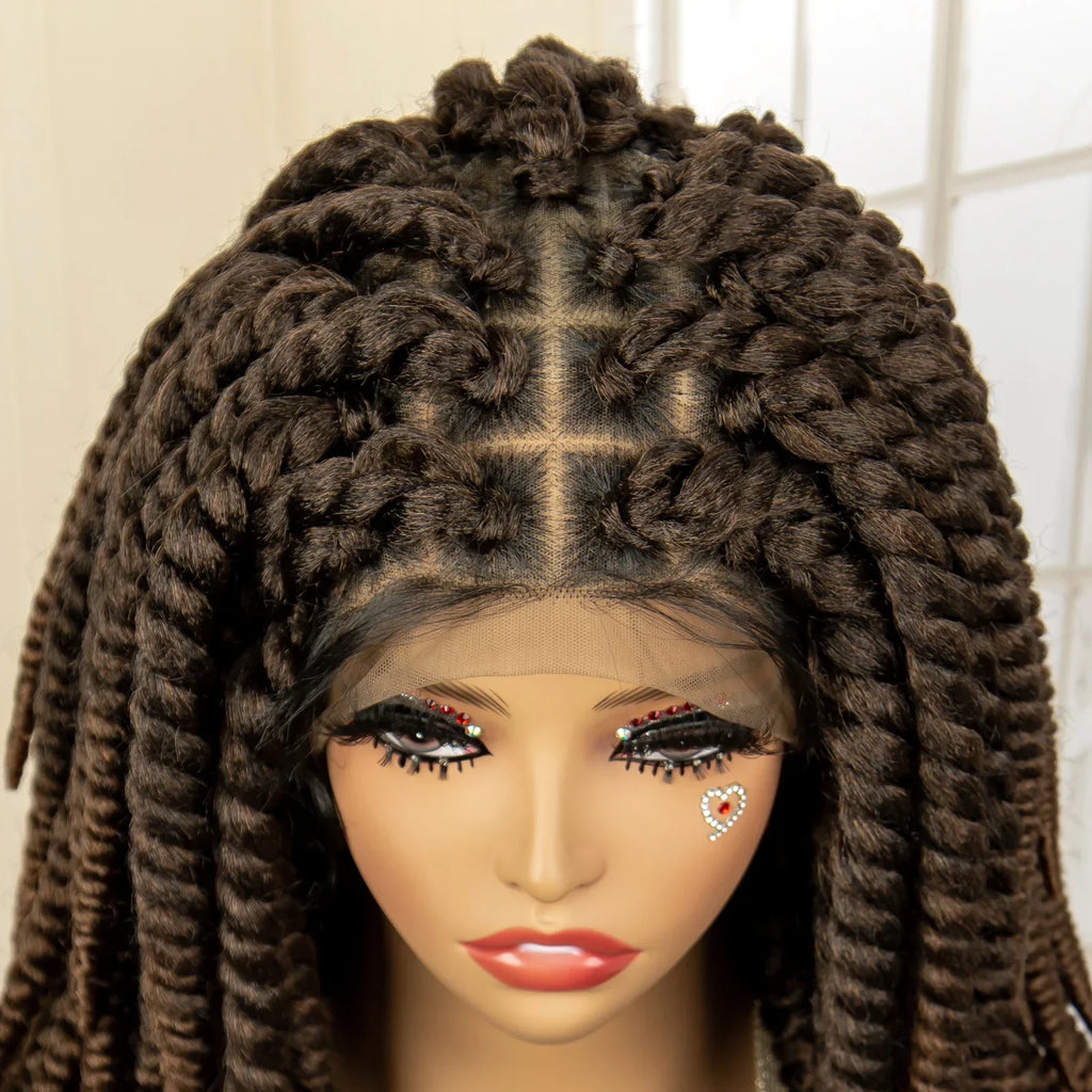 16 Inch Brown Twisted Braided Bob Wig | Full Lace | Kanekalon Fiber | For Black Women