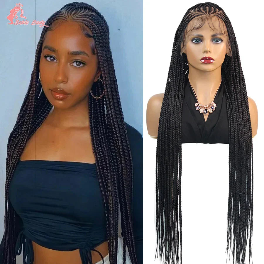 36" Knotless Box Braids Wig | Fulani Cornrows | 360 Full Lace | Baby Hair | Black Women
