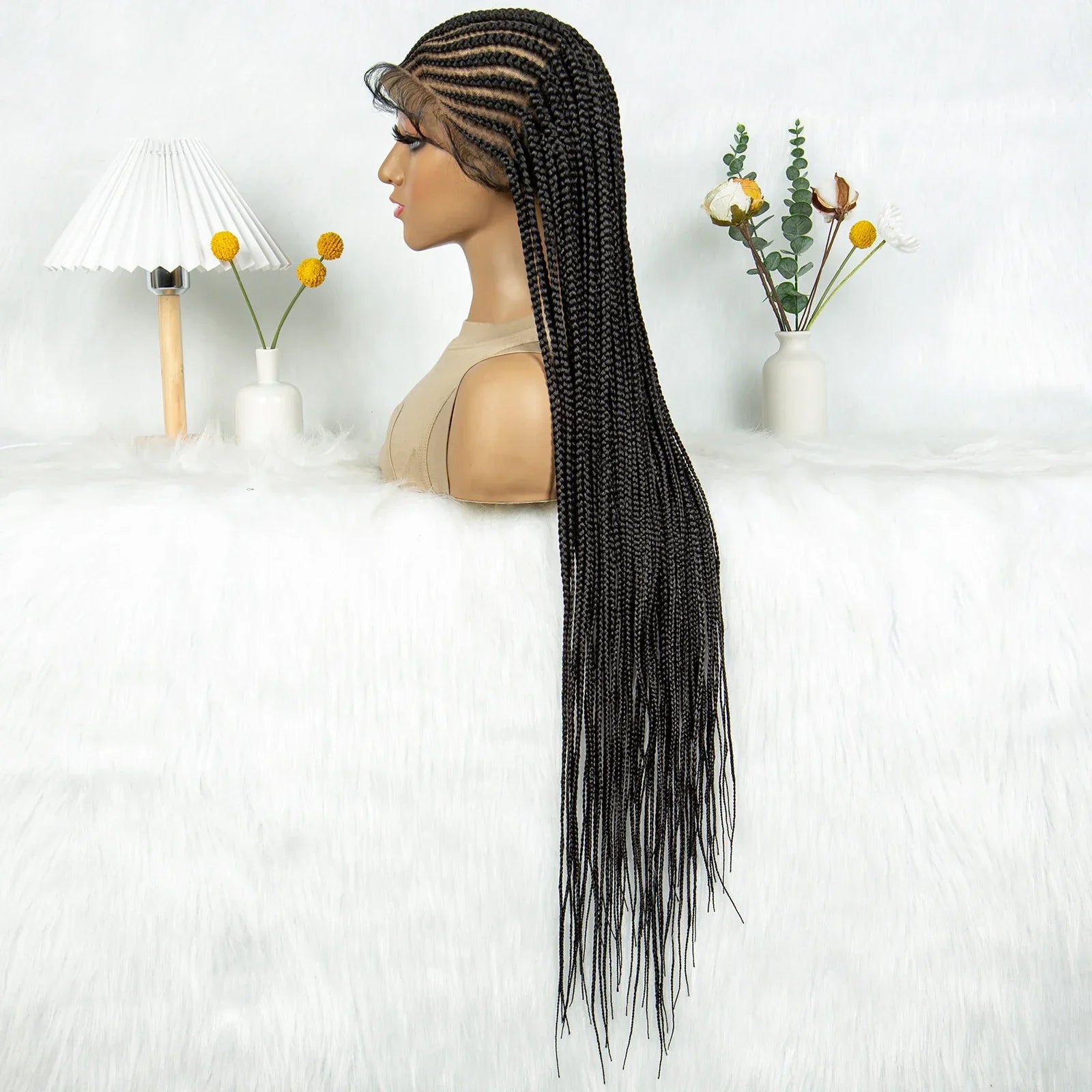 34" HD Transparent Full Lace Knotless Box & Cornrow Braids Wig