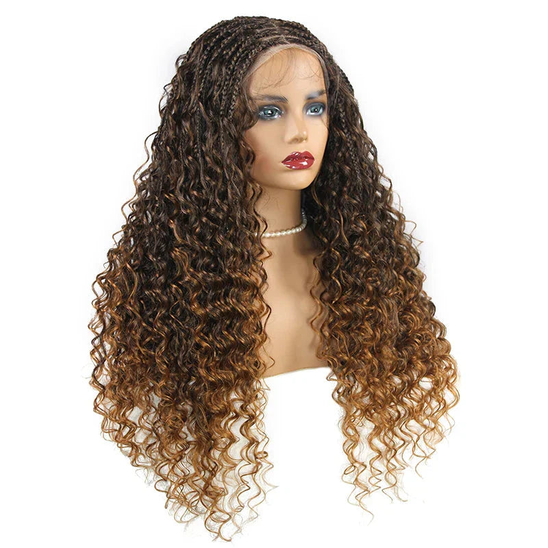 24" Boho Box Braids Lace Frontal Wig | Deep Wave Goddess Braids | Curly Ends | Black Full Lace Synthetic Wig